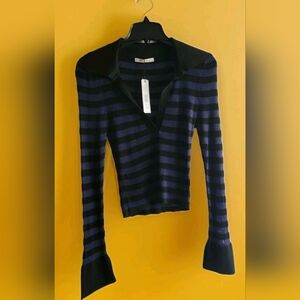 Alice+Olivia Women's Black and Blue Striped Croptop Sweater Size Medium New